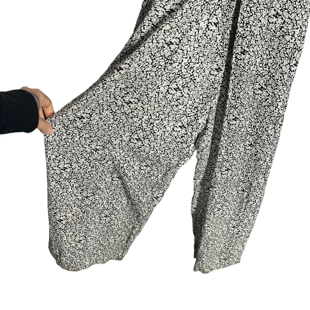 Vintage 90 Black White Micro Floral Short Sleeve Mid Tie Wide Leg Jumpsuit Small - Picture 2 of 10